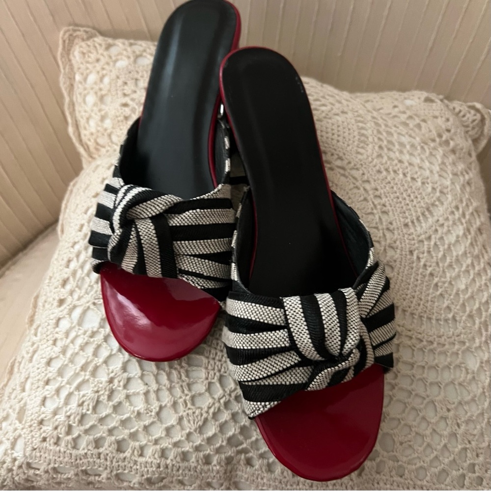 Striped Bow Slide Chunky Heel Sandals in Black, White & Red